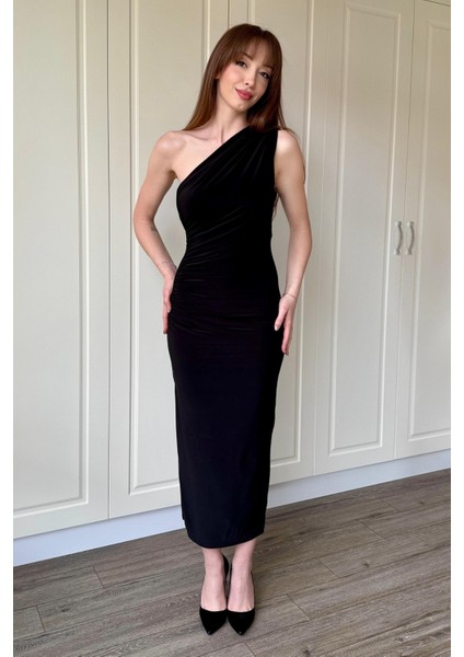 Drapeli Tek Omuz Siyah Midi Elbise indirimleri