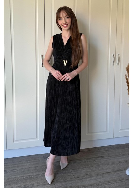 Kruvaze Yaka Krinkıl Midi Tokalı Siyah Elbise fiyatları