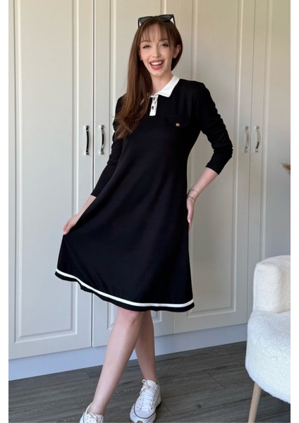 Polo Yaka Uzun Kollu Siyah Elbise modelleri