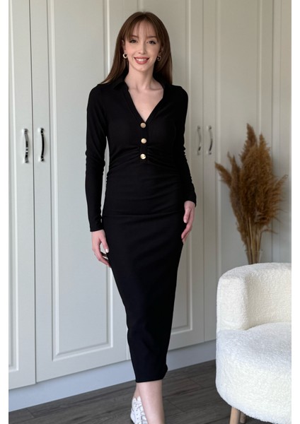 Ribana Kumaş Gold Düğmeli V Yaka Siyah Midi Elbise fiyatları
