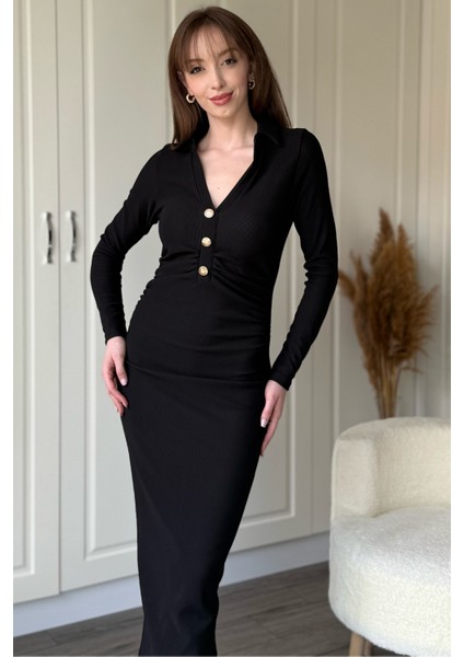 Ribana Kumaş Gold Düğmeli V Yaka Siyah Midi Elbise modelleri