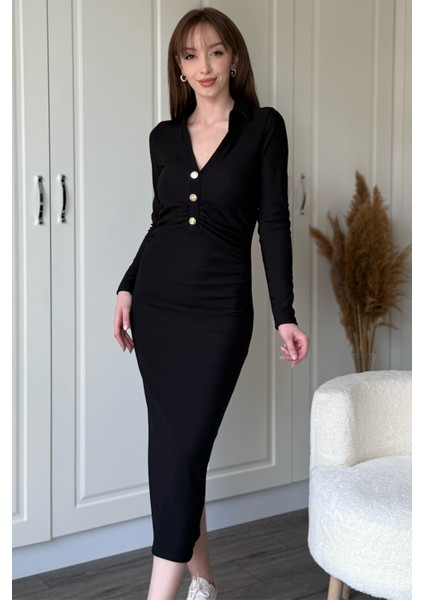 Ribana Kumaş Gold Düğmeli V Yaka Siyah Midi Elbise fırsatları