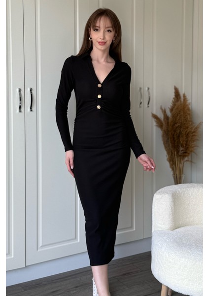 Ribana Kumaş Gold Düğmeli V Yaka Siyah Midi Elbise indirimleri