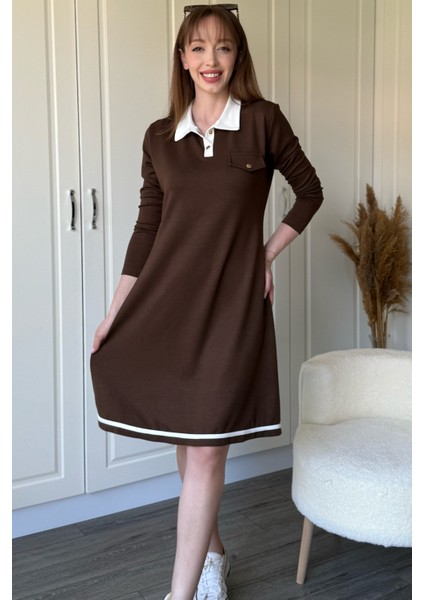 Polo Yaka Uzun Kollu Kahverengi Elbise fırsatları