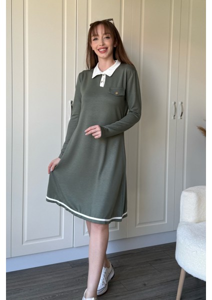 Polo Yaka Uzun Kollu Haki Elbise modelleri