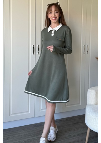 Polo Yaka Uzun Kollu Haki Elbise