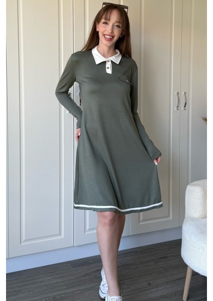 Polo Yaka Uzun Kollu Haki Elbise indirimleri