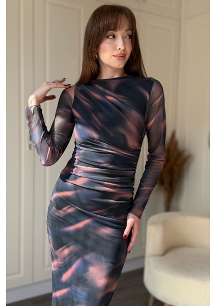 Drapeli Uzun Kol Zarif Desenli Midi Tül Elbise fiyatları