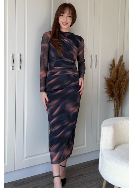 Drapeli Uzun Kol Zarif Desenli Midi Tül Elbise fırsatları