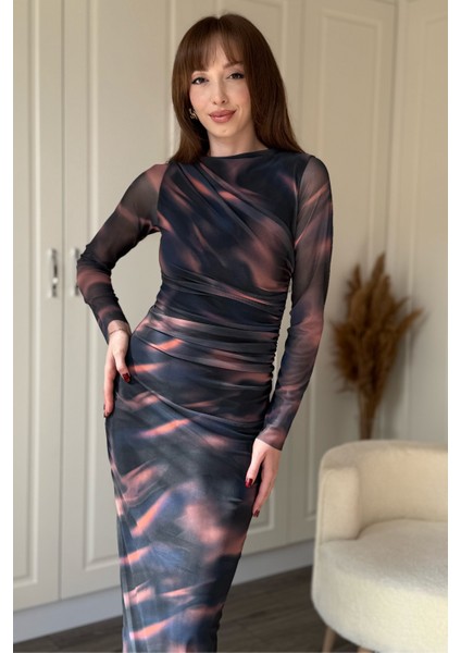 Drapeli Uzun Kol Zarif Desenli Midi Tül Elbise indirimleri