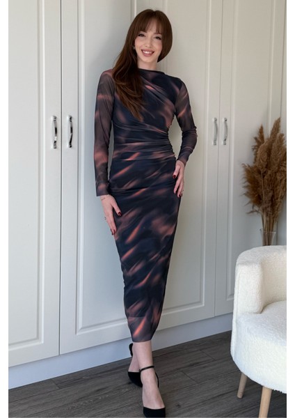 Drapeli Uzun Kol Zarif Desenli Midi Tül Elbise