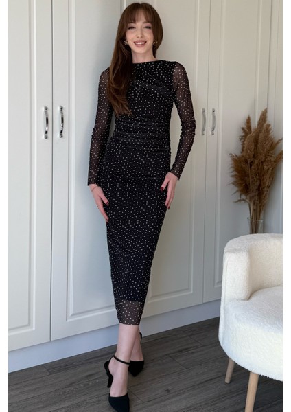 Drapeli Uzun Kol Puantiyeli Midi Tül Elbise fırsatları