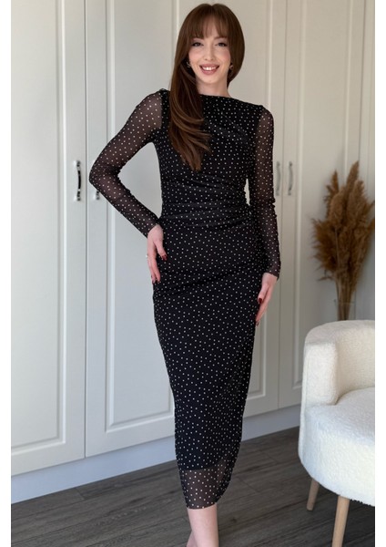 Drapeli Uzun Kol Puantiyeli Midi Tül Elbise