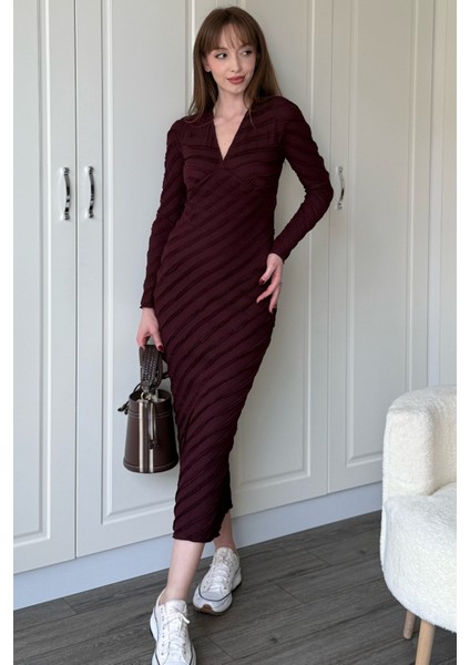 Fırfırlı V Yaka Mor Midi Elbise modelleri