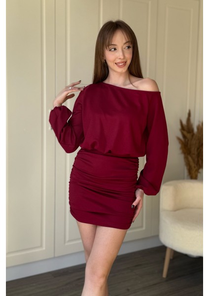 Kayık Yaka Modal Kumaş Cool Eteği Ayarlanabilir Mini Bordo Elbise