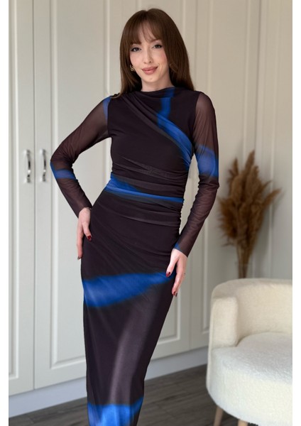 Drapeli Uzun Kol Mavi Karışık Zarif Desenli Midi Tül Elbise fırsatları