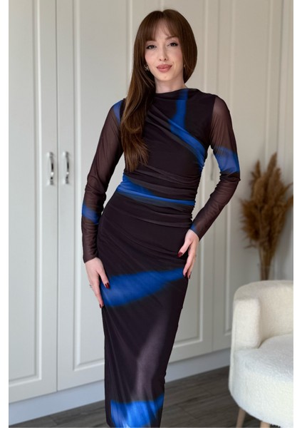 Drapeli Uzun Kol Mavi Karışık Zarif Desenli Midi Tül Elbise indirimleri