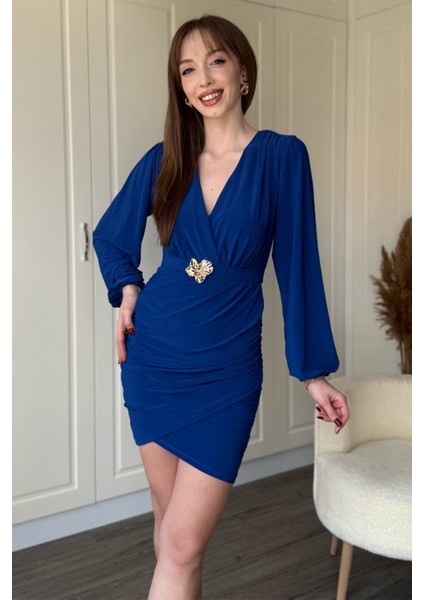 Balon Uzun Kollu Aksesuar Detaylı Kemerli Mini V Yaka Mavi Elbise modelleri