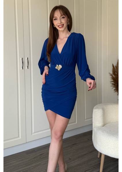 Balon Uzun Kollu Aksesuar Detaylı Kemerli Mini V Yaka Mavi Elbise