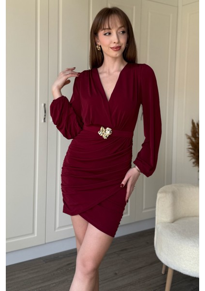 Balon Uzun Kollu Aksesuar Detaylı Kemerli Mini V Yaka Bordo Elbise