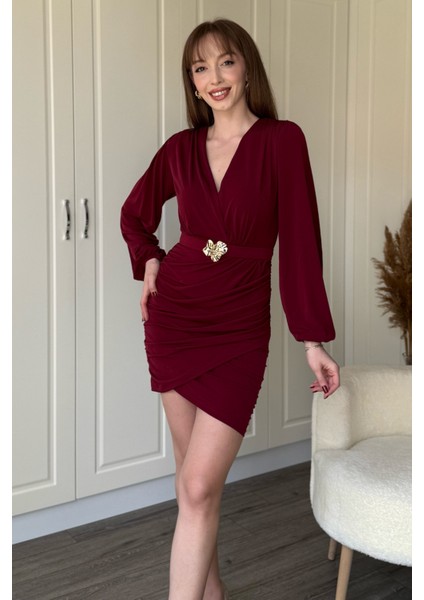Balon Uzun Kollu Aksesuar Detaylı Kemerli Mini V Yaka Bordo Elbise