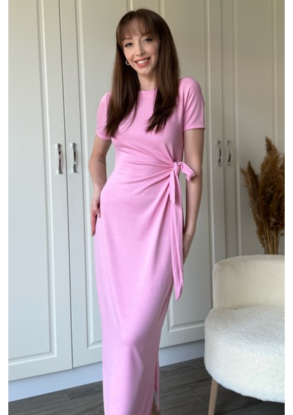 Bağlamalı Pembe Midi Modal Elbise fiyatları
