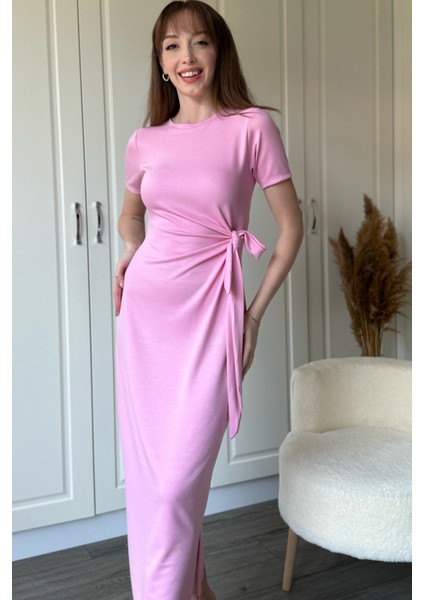 Bağlamalı Pembe Midi Modal Elbise modelleri