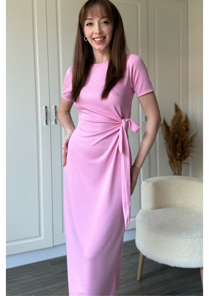 Bağlamalı Pembe Midi Modal Elbise