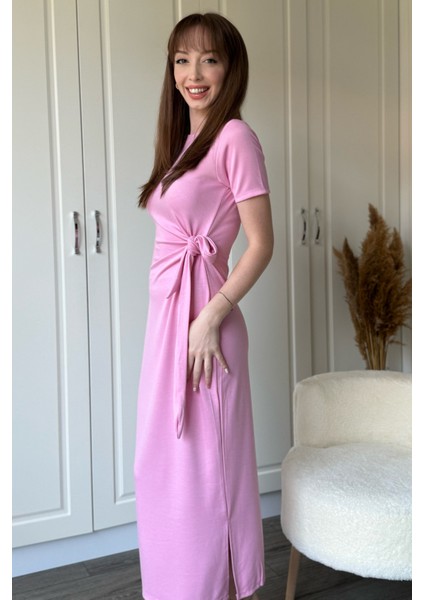 Bağlamalı Pembe Midi Modal Elbise