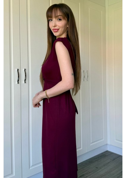 Önden Bağlamalı Bordo Midi Modal Elbise