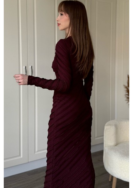 Fırfırlı V Yaka Mor Midi Elbise