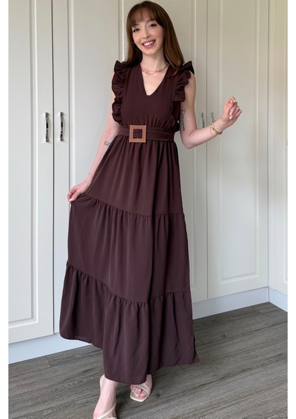 Kahverengi Kol Fırfırlı Yırtmaçlı Uzun Elbise fiyatları