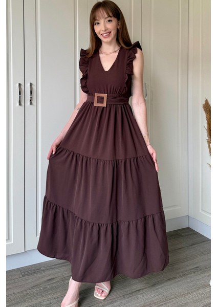 Kahverengi Kol Fırfırlı Yırtmaçlı Uzun Elbise modelleri