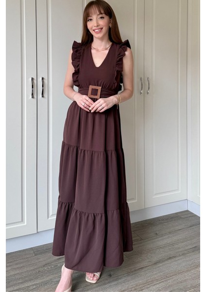 Kahverengi Kol Fırfırlı Yırtmaçlı Uzun Elbise indirimleri