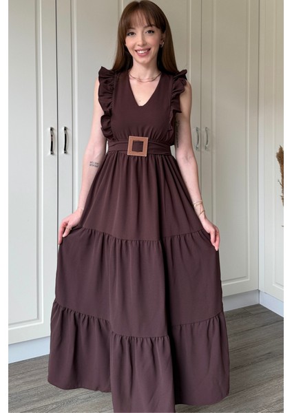 Kahverengi Kol Fırfırlı Yırtmaçlı Uzun Elbise