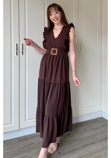 Kahverengi Kol Fırfırlı Yırtmaçlı Uzun Elbise