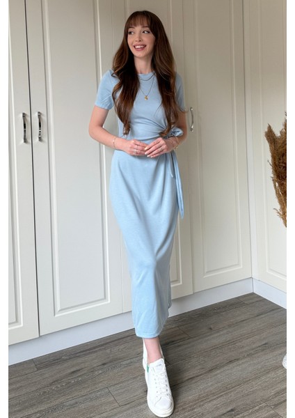 Bağlamalı Midi Modal Mavi Elbise