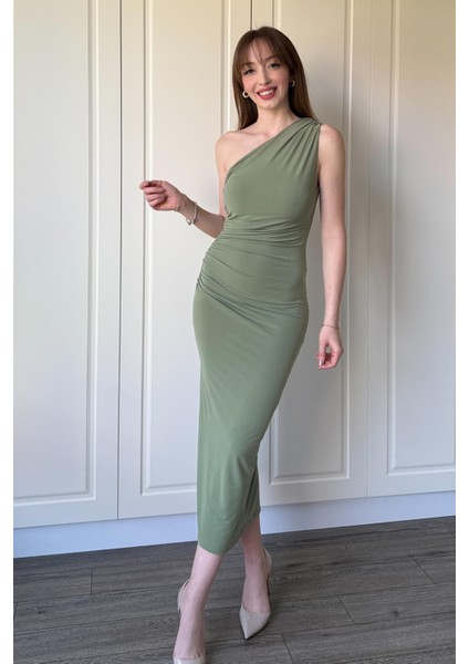 Drapeli Tek Omuz Yırtmaçlı Haki Elbise fiyatları