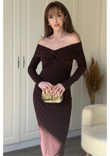 Omuz Detaylı Vücudu Saran Midi Kahverengi Elbise indirimleri