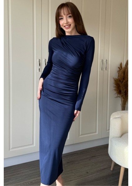 Zarif Drapeli Uzun Kollu Midi Lacivert Elbise indirimleri