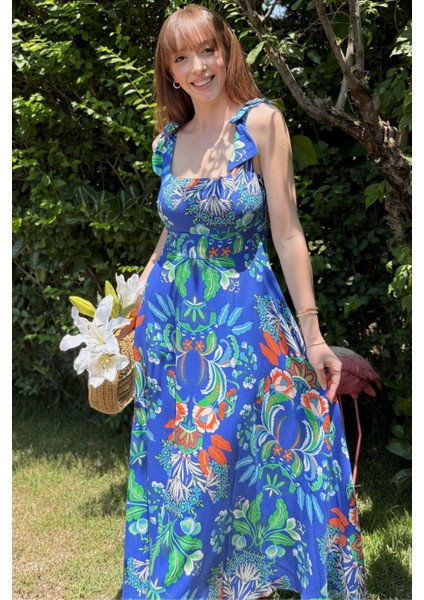 Sırt Detaylı Lacivert Desenli Midi Elbise indirimleri