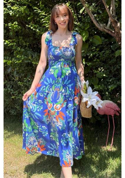 Sırt Detaylı Lacivert Desenli Midi Elbise