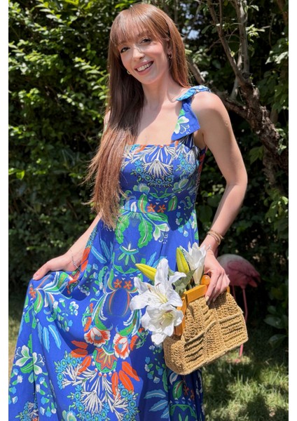 Sırt Detaylı Lacivert Desenli Midi Elbise