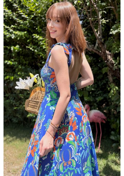 Sırt Detaylı Lacivert Desenli Midi Elbise