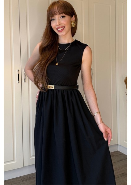 Beli Lastikli Midi Siyah Elbise