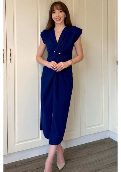 Kruvaze Yaka Vatkalı Incili Saks Mavisi Elbise modelleri