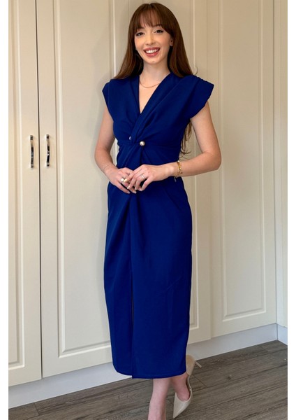 Kruvaze Yaka Vatkalı Incili Saks Mavisi Elbise indirimleri