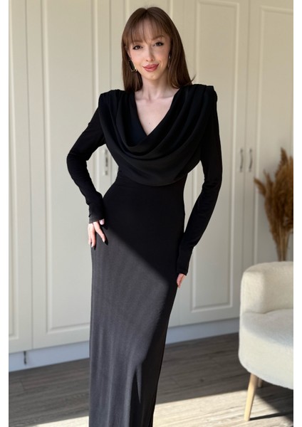 Degaje Yaka Vatkalı Zarif Maxi Siyah Elbise