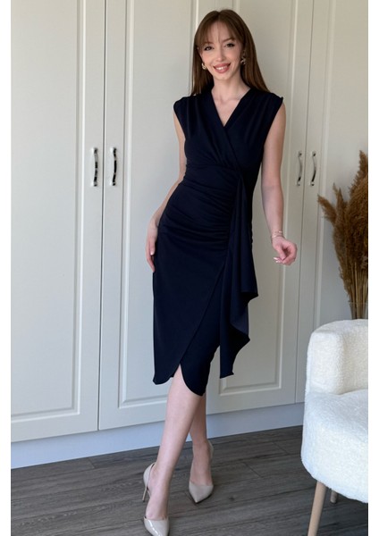 Fırfır Detaylı Kruvaze Yaka Midi Lacivert Elbise indirimleri