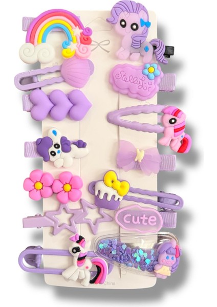 My Little Ponny Temalı Betty Becky Figürlü 14'lü Pens ve Çıtçıt Çocuk Set Toka Lila